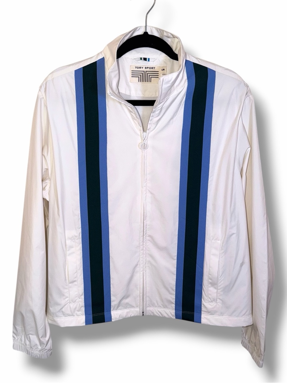 Tory Sport Full-Zip Golf Windbreaker Jacket in White with Vertical Blue Stripes